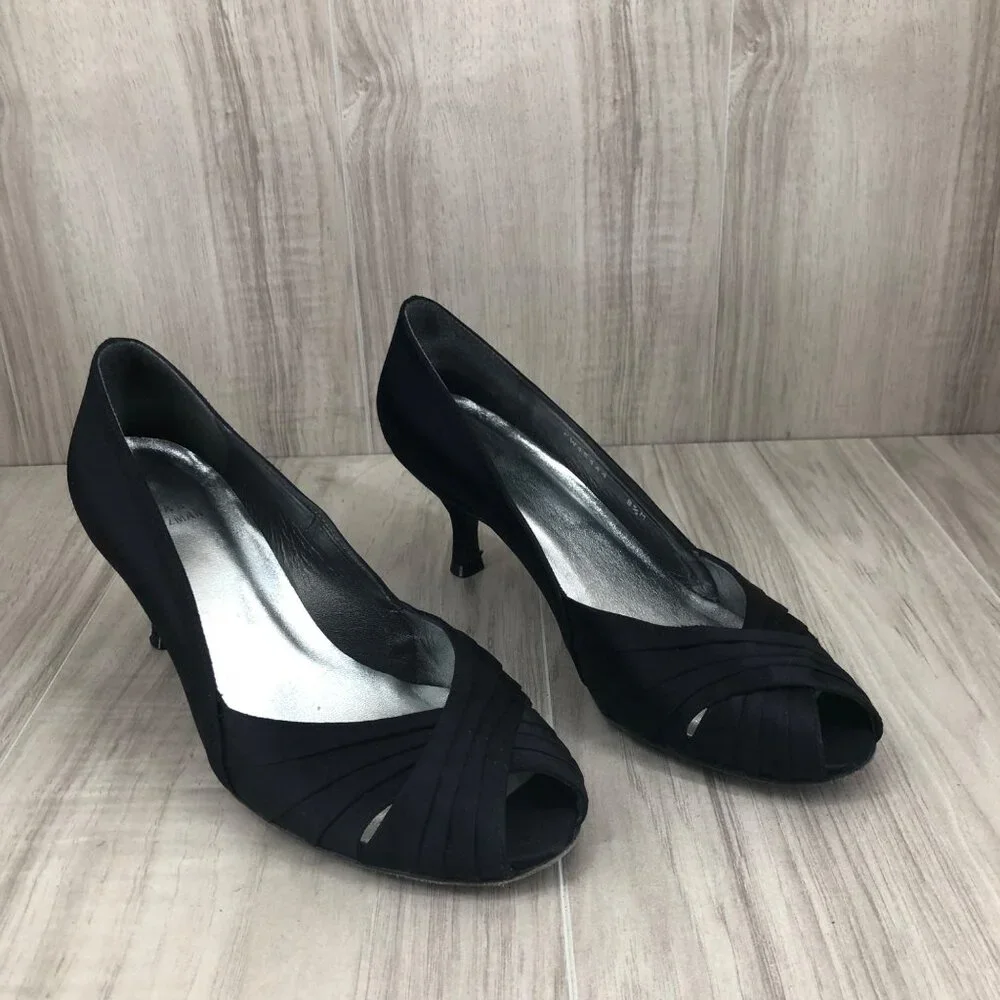 Stuart Weitzman Heels Womens 8.5M Black Slip On Peep Toe Shoes